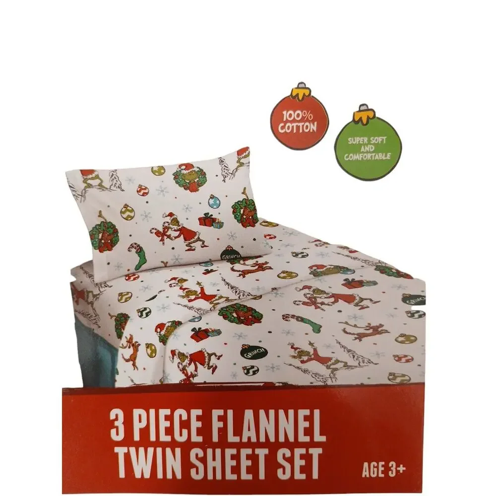 THE GRINCH Christmas SHEET Set TWIN Flannel 100% Cotton 3‎ Pc Holiday Warm New